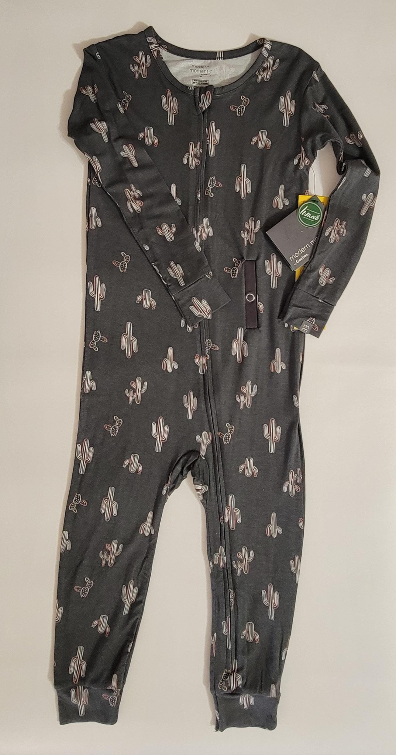 Gray baby onesie with cactus pattern on a white background