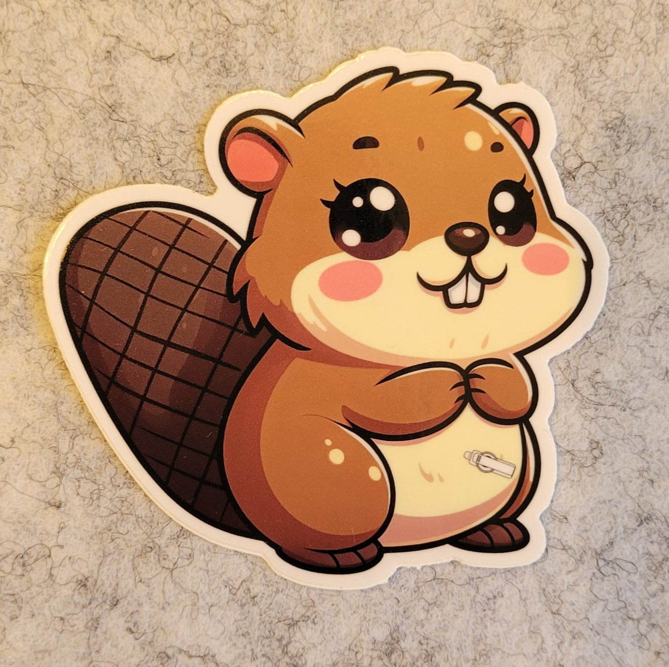 Cartoon beaver sticker on a textured beige background