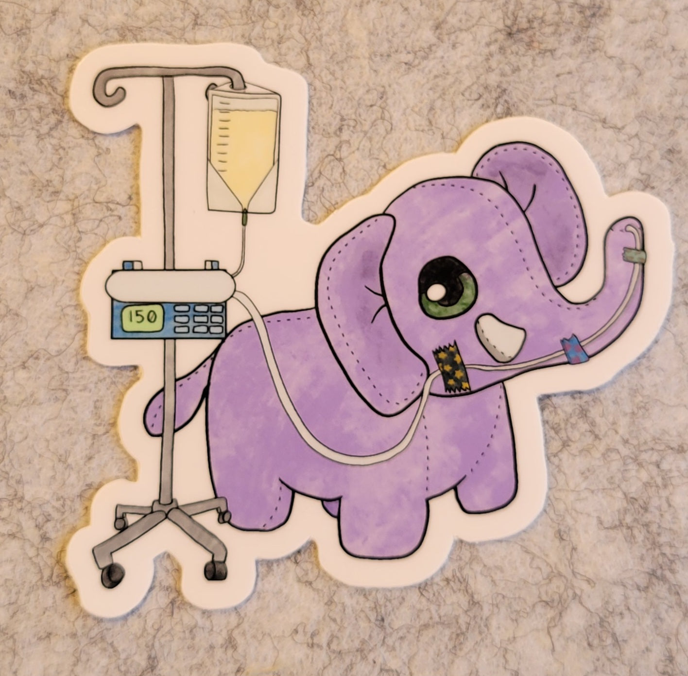 Cartoon purple elephant with medical equipment on a textured background