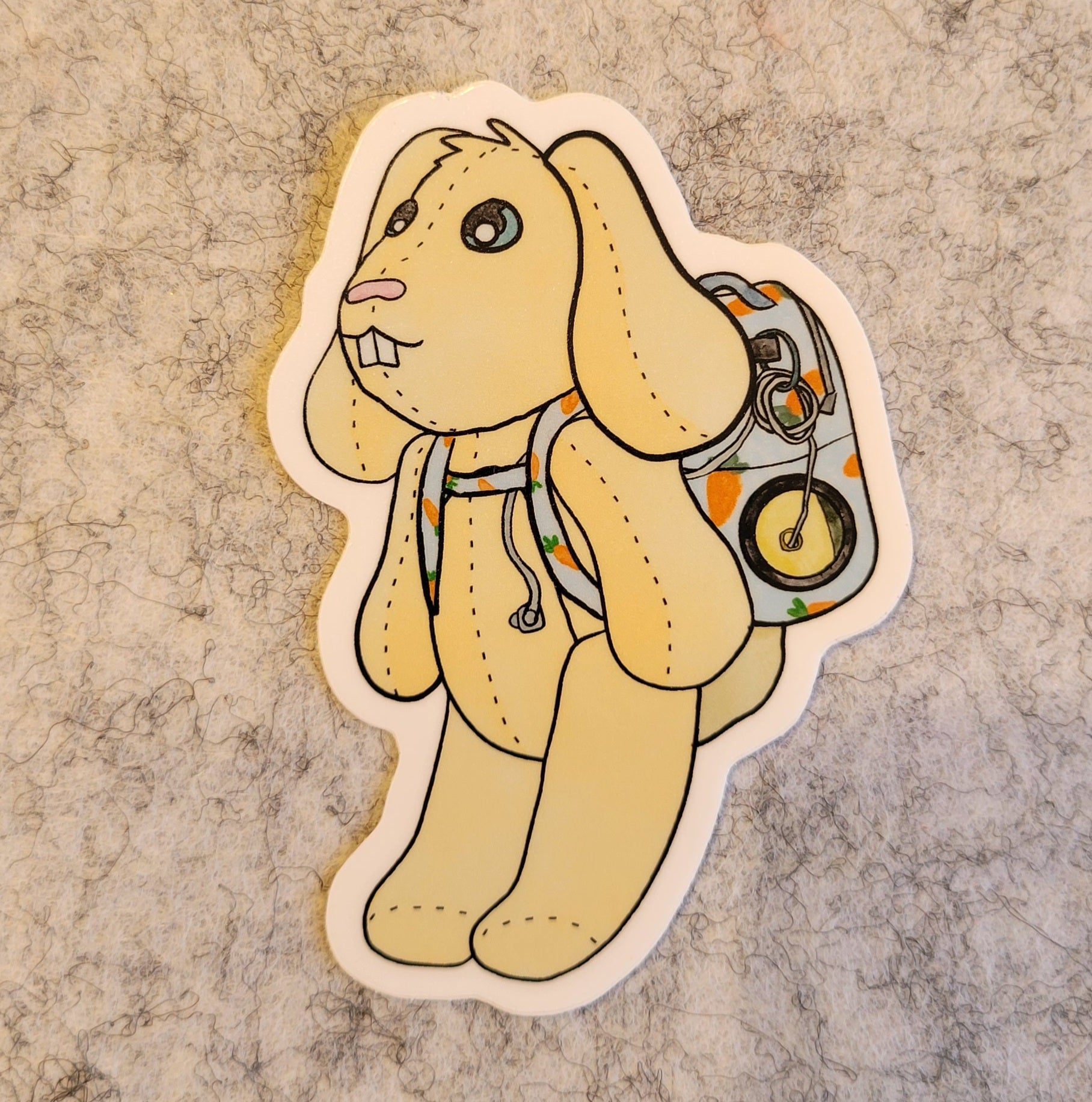 Sticker of a cartoon rabbit with a feeding tube backpack on a textured  background