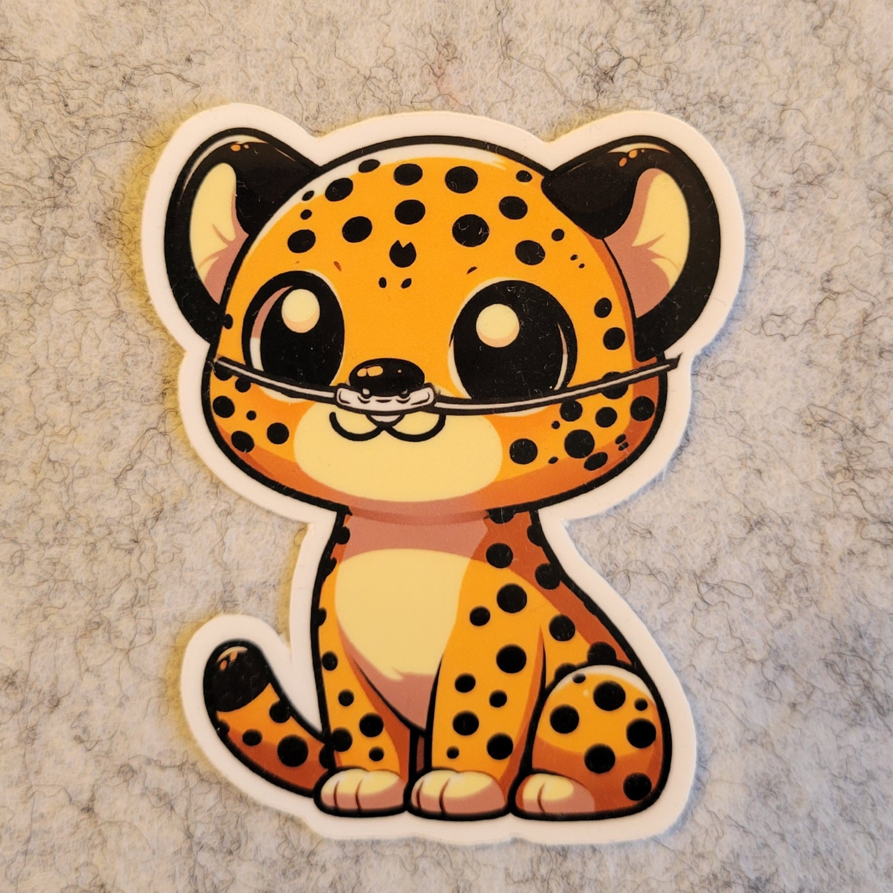 cartoon style leopard with an oxygen cannula on a textured grey background