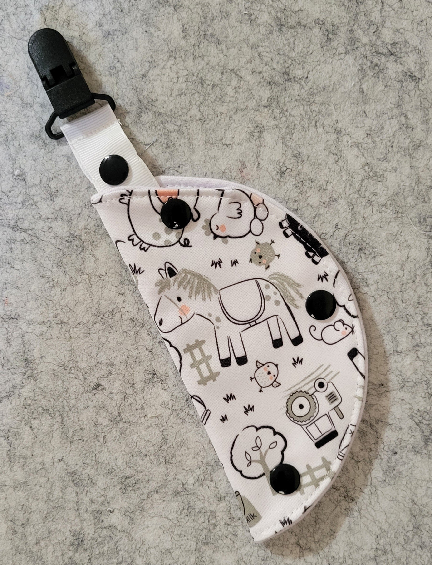 Clip on port cover in black and white farm print