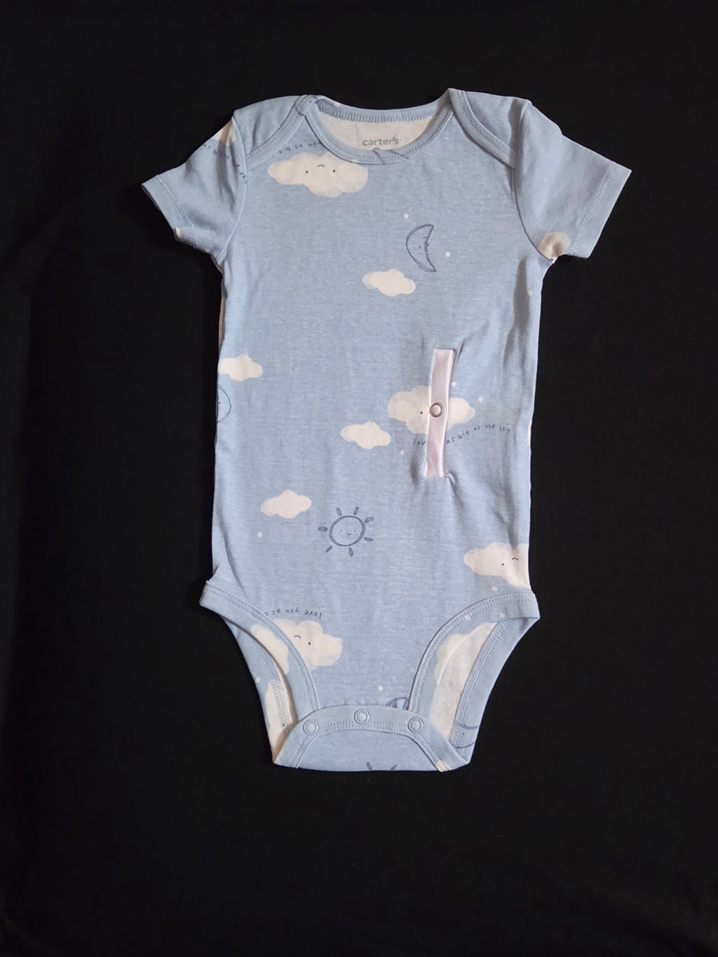 Gtube adapted bodysuit on blue with clouds and sun with words saying love you as big as the sky