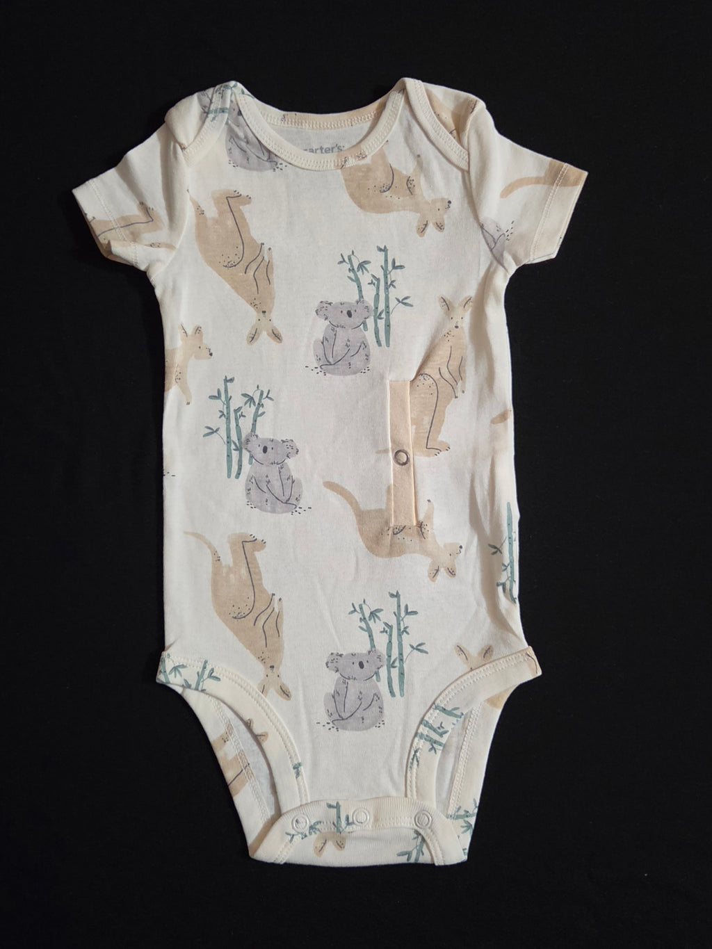 Gtube adapted bodysuit  on cream background with kangaroos and koalas with bamboo
