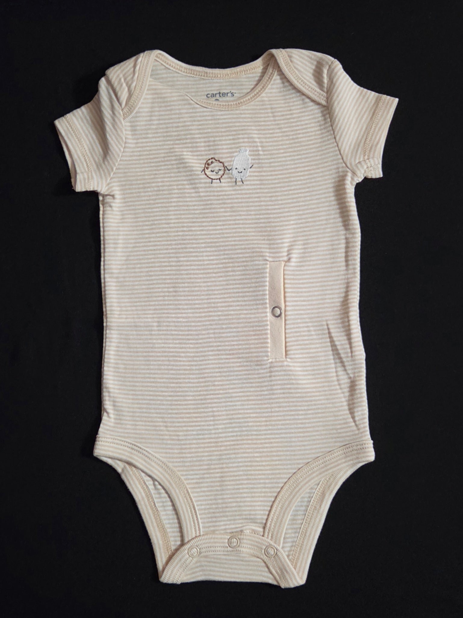 Gtube adapted bodysuit on cream stripe with embroidered milk jug and cookie holding hands
