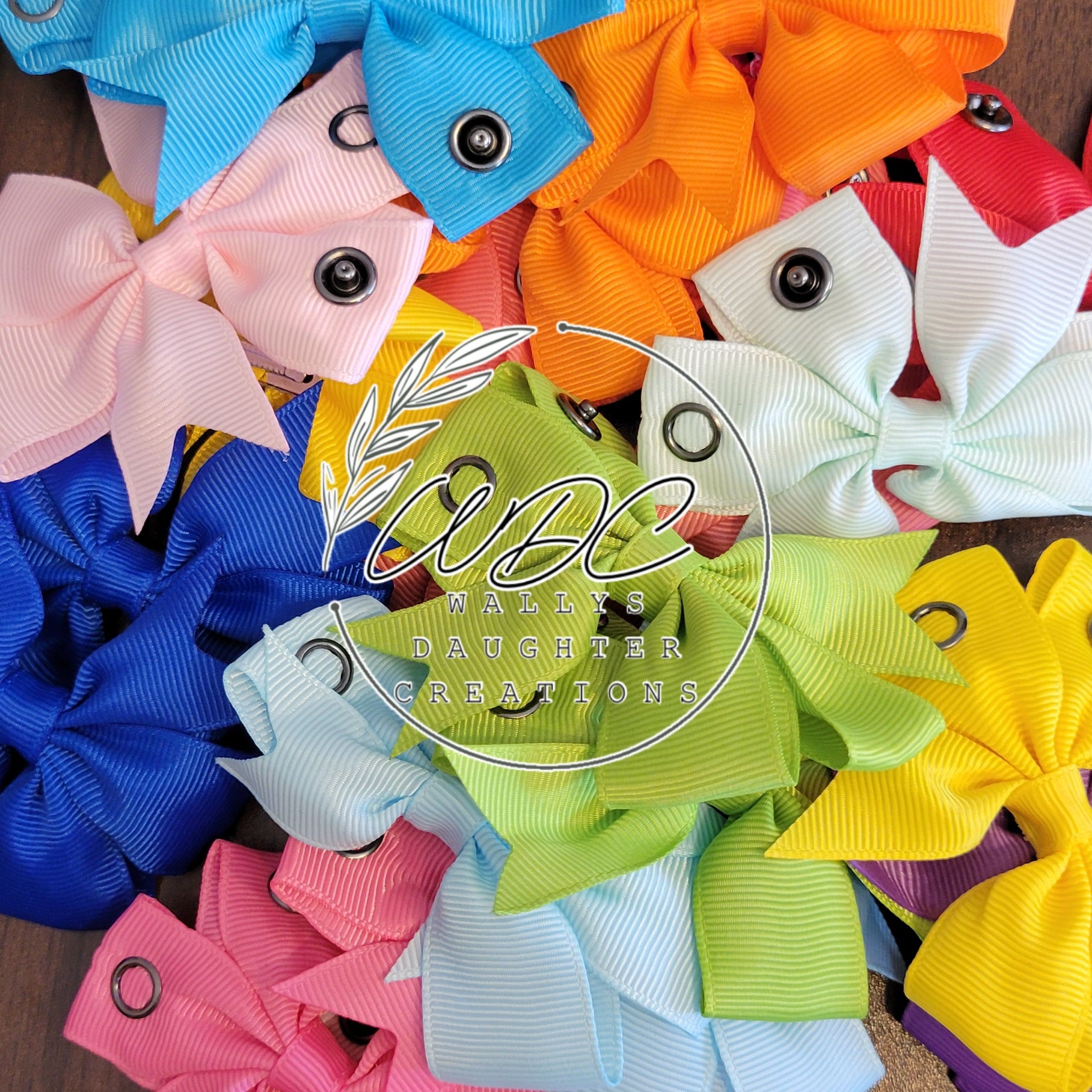 Collage of colorful hair bow clips with logo centered