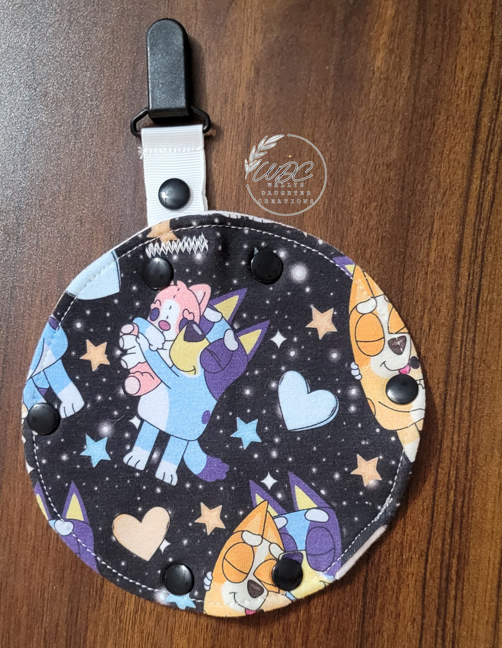 Clip on Port cover in Heeler and Stuffies print showing alternate print placement variation