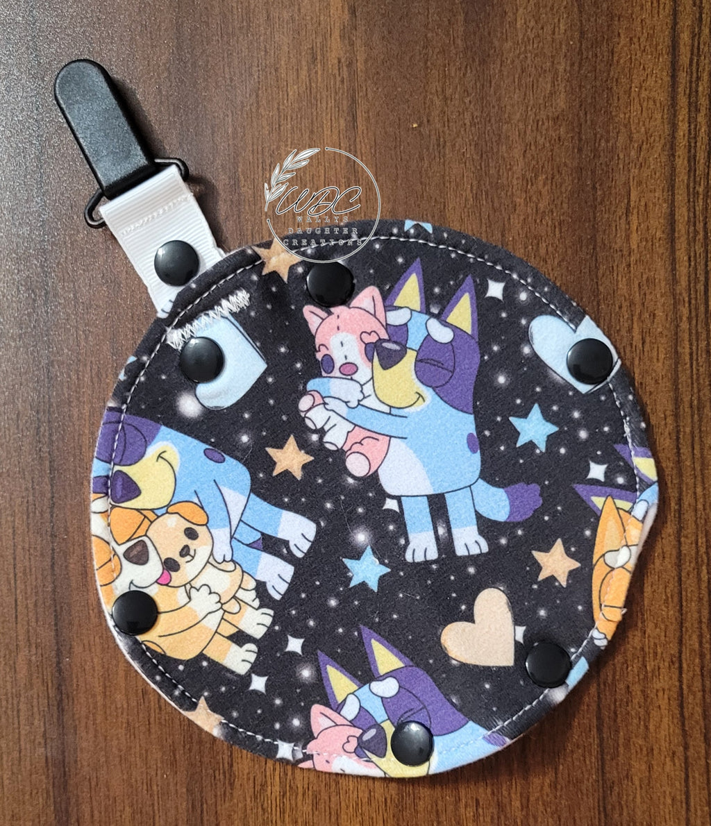 Clip on Port cover in Heeler and Stuffies print showing open print variation