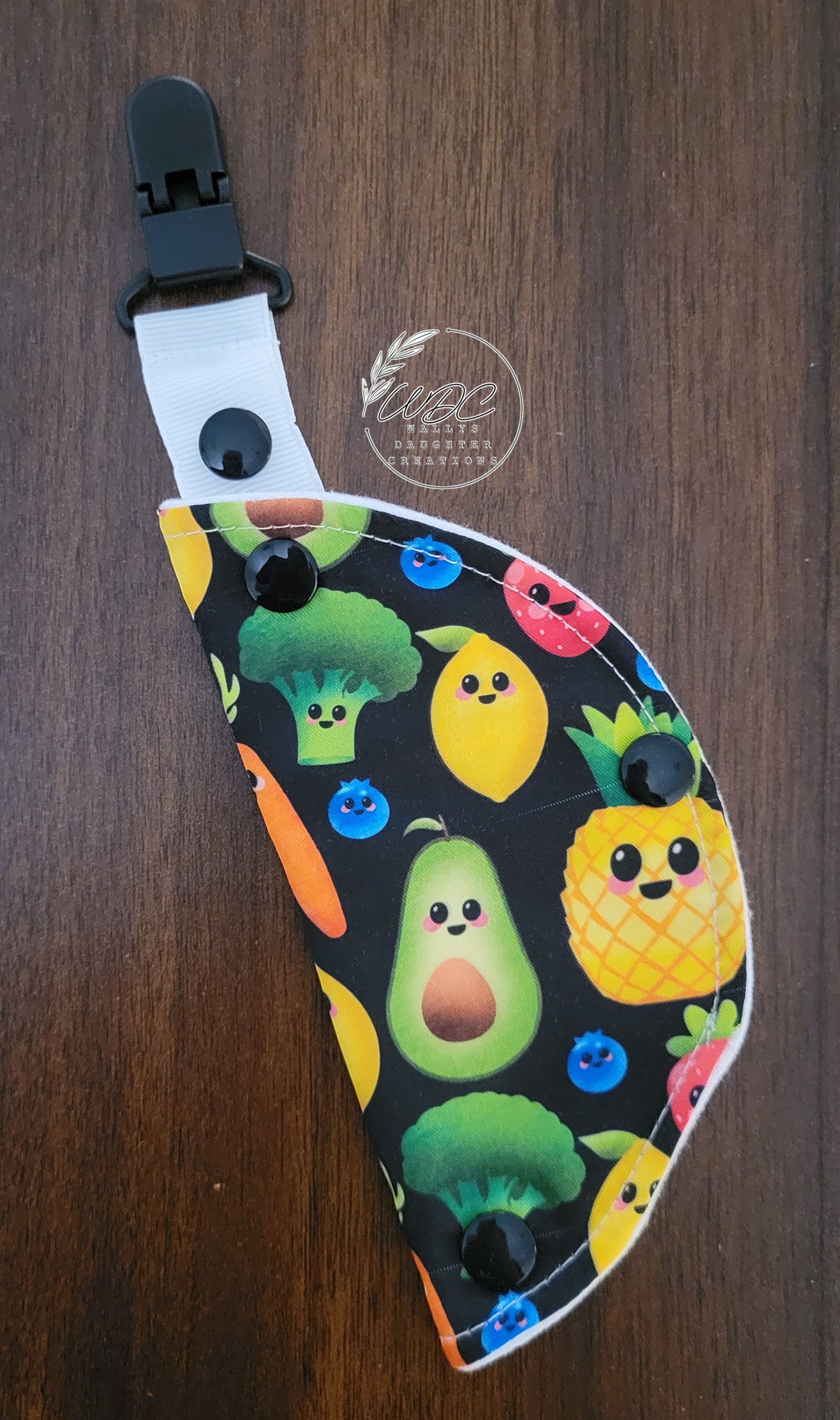 Clip on Port Cover in fruit print on black background