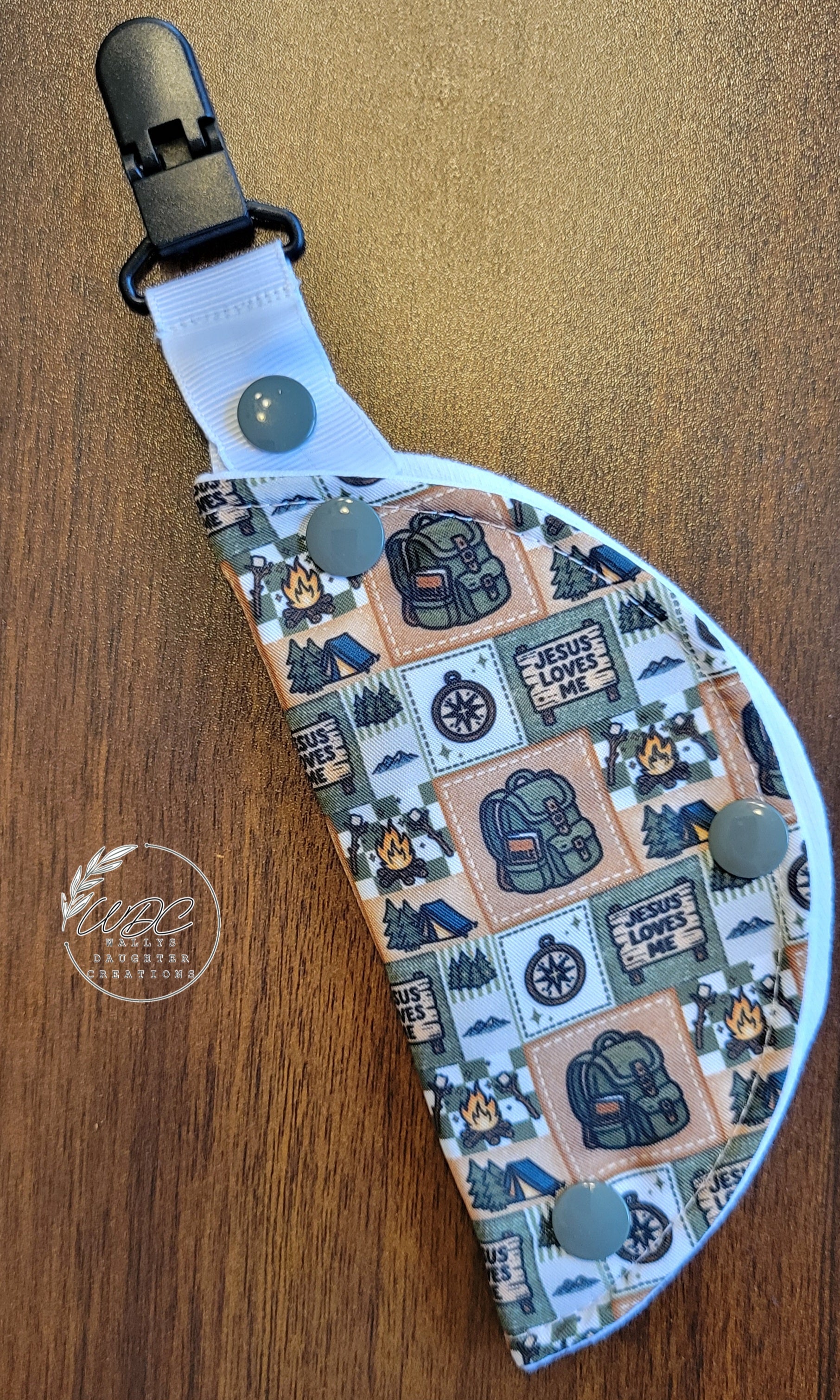 Clip on port cover in camping theme with compass, backpack and sign that reads Jesus loves me