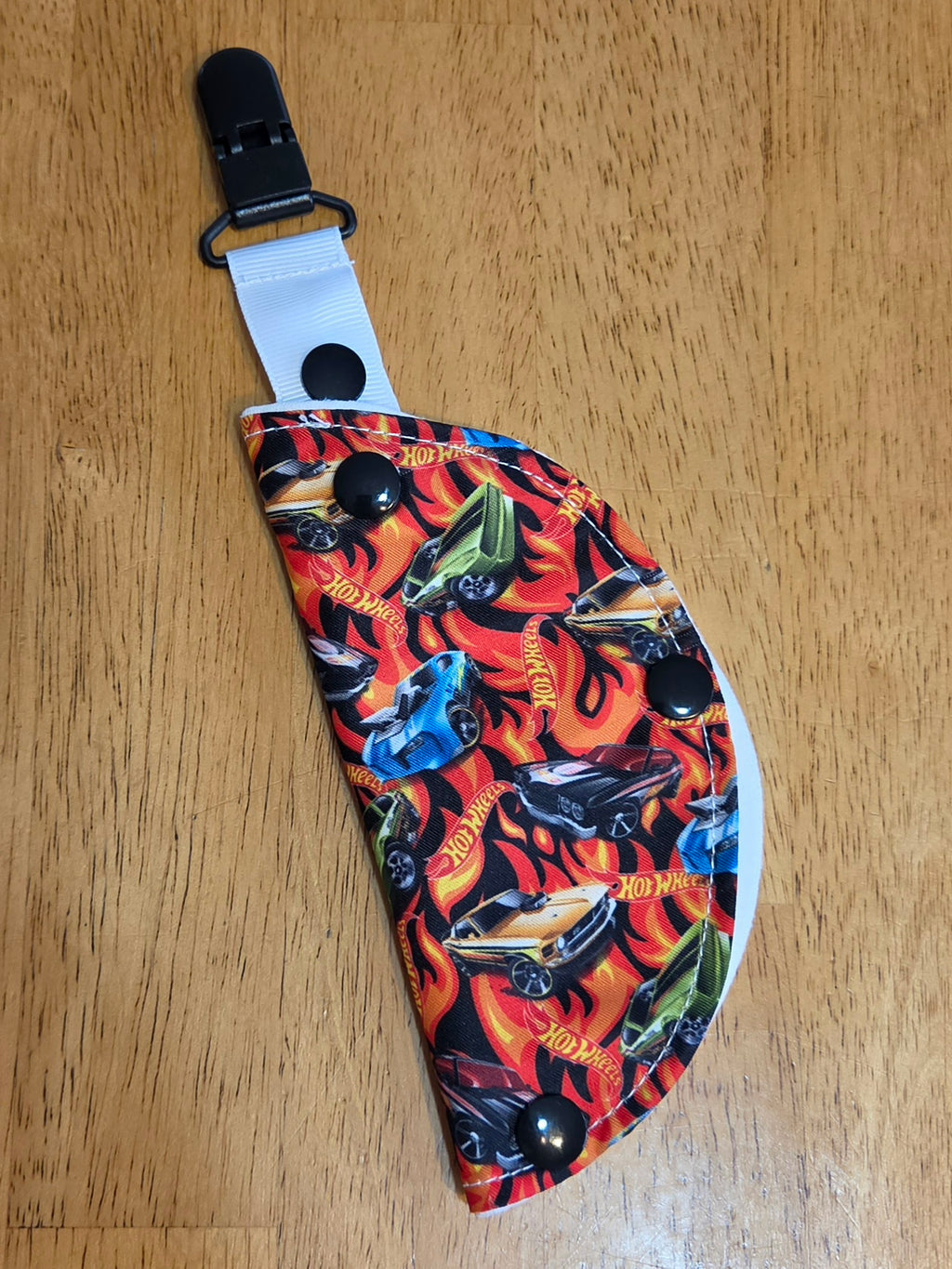 Clip on Feeding tube port cover with Flame background and different colored hotrod cars