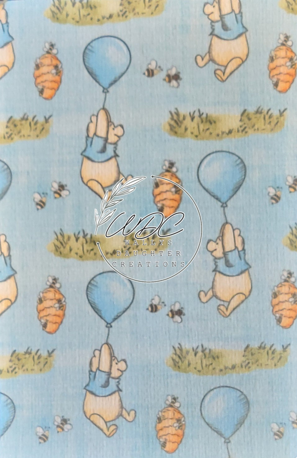 Sublimated Hypafix tape with bear and balloon and beehive on blue background