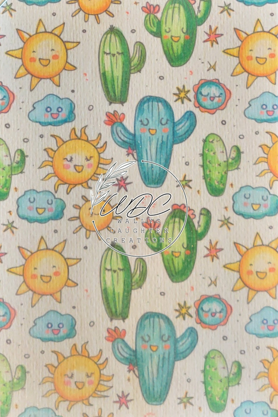 Sublimated Hypafix tape with cactus, cloud and sun on off white background