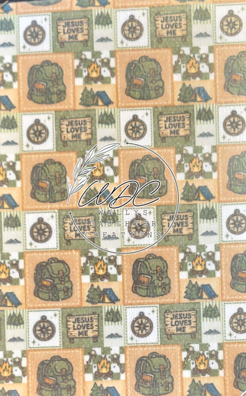 Sublimated Hypafix tape with camping theme and sign "Jesus Loves Me"