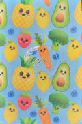 Sublimated Hypafix tape with dancing fruit and vegetables on blue background