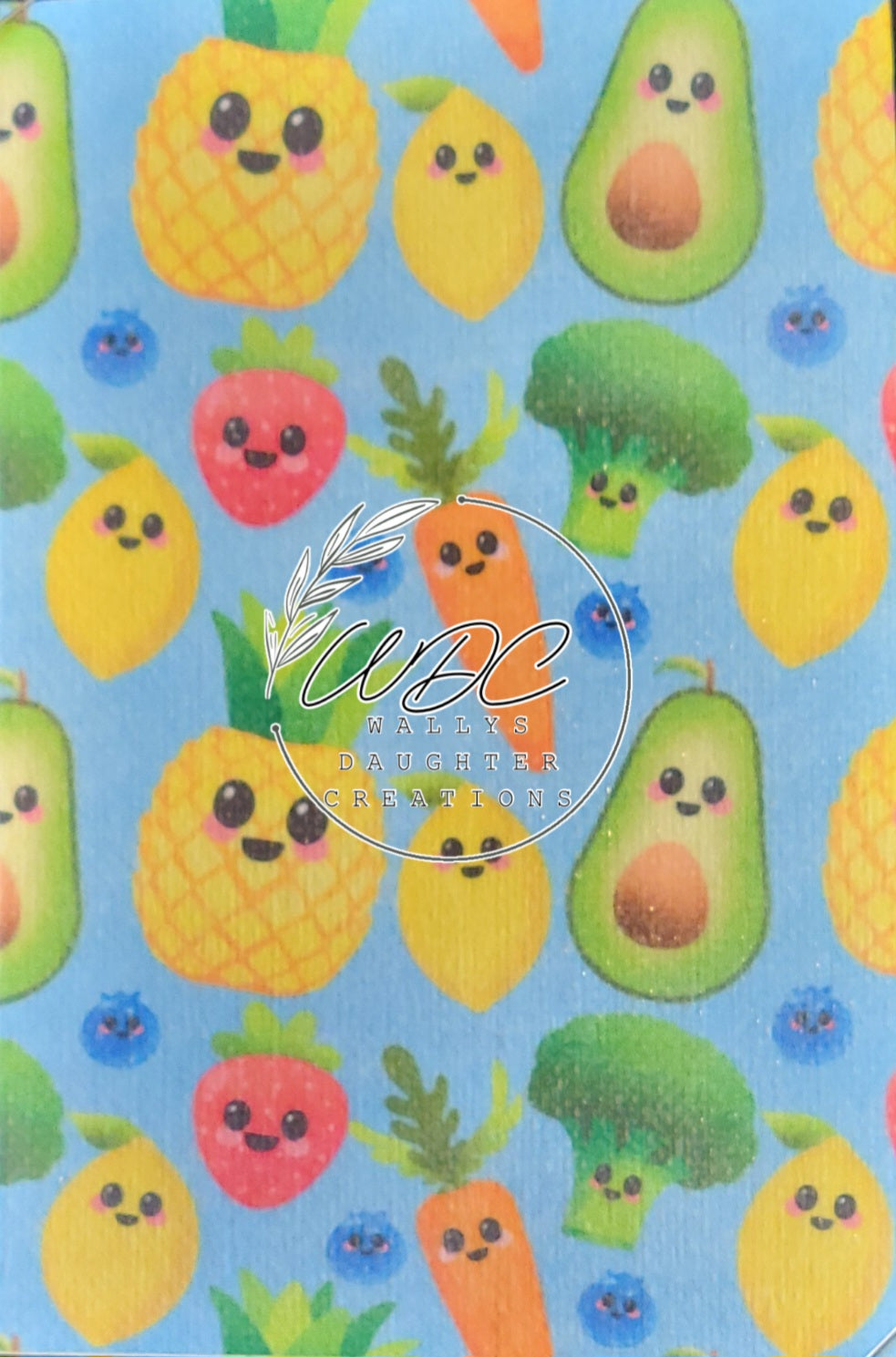 Sublimated Hypafix tape with dancing fruit and vegetables on blue background
