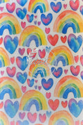 Sublimated Hypafix Tape with hearts and rainbows on white background