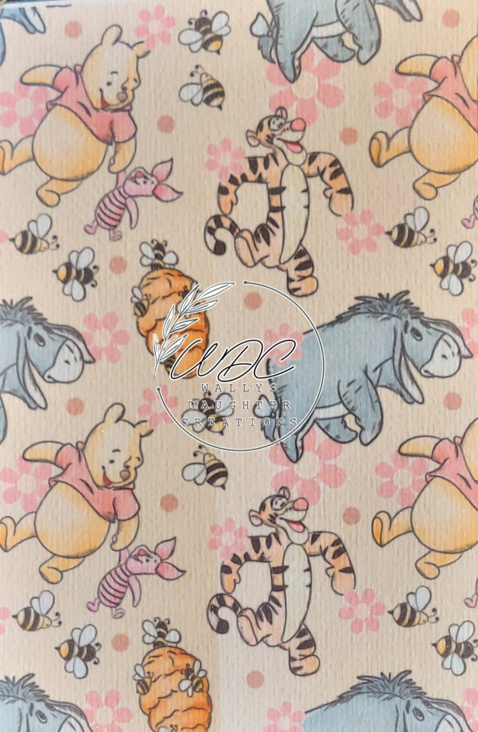 Sublimated Hypafix tape in bear, piglet, donkey and tiger characters on pink background