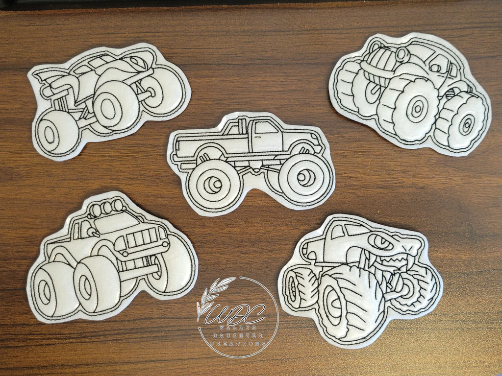 Monster truck characters on wipeable coloring surface set of 5