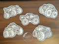 Monster truck characters on wipeable coloring surface set of 5
