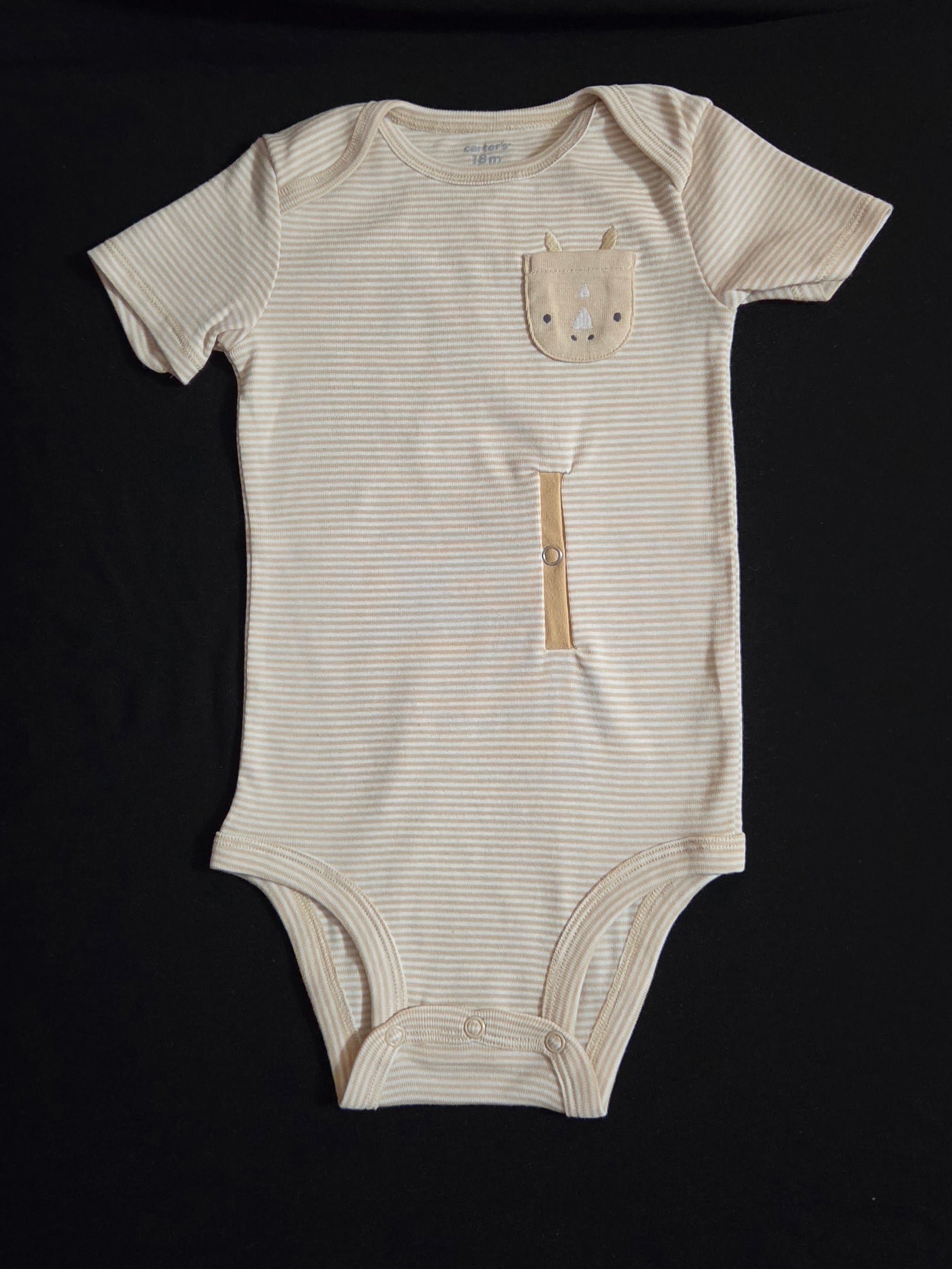 gtube adapted bodysuit with rhino pocket on cream stripe 
