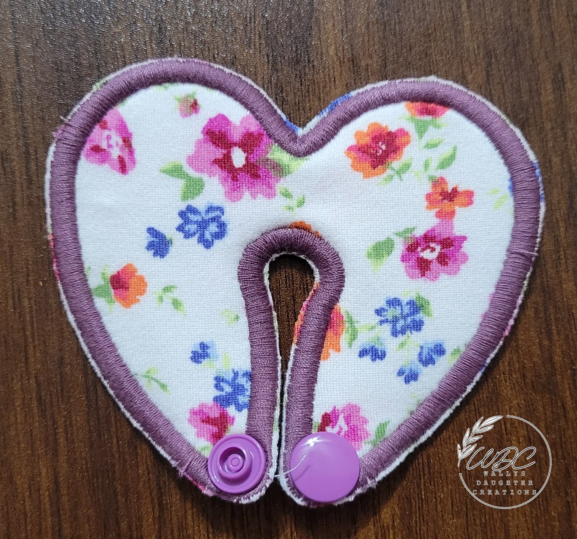 heart shaped gtube pad with floral fabric and purple thread size large
