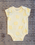 Bodysuit with blue stripes and lemons with a left side gtube access opening