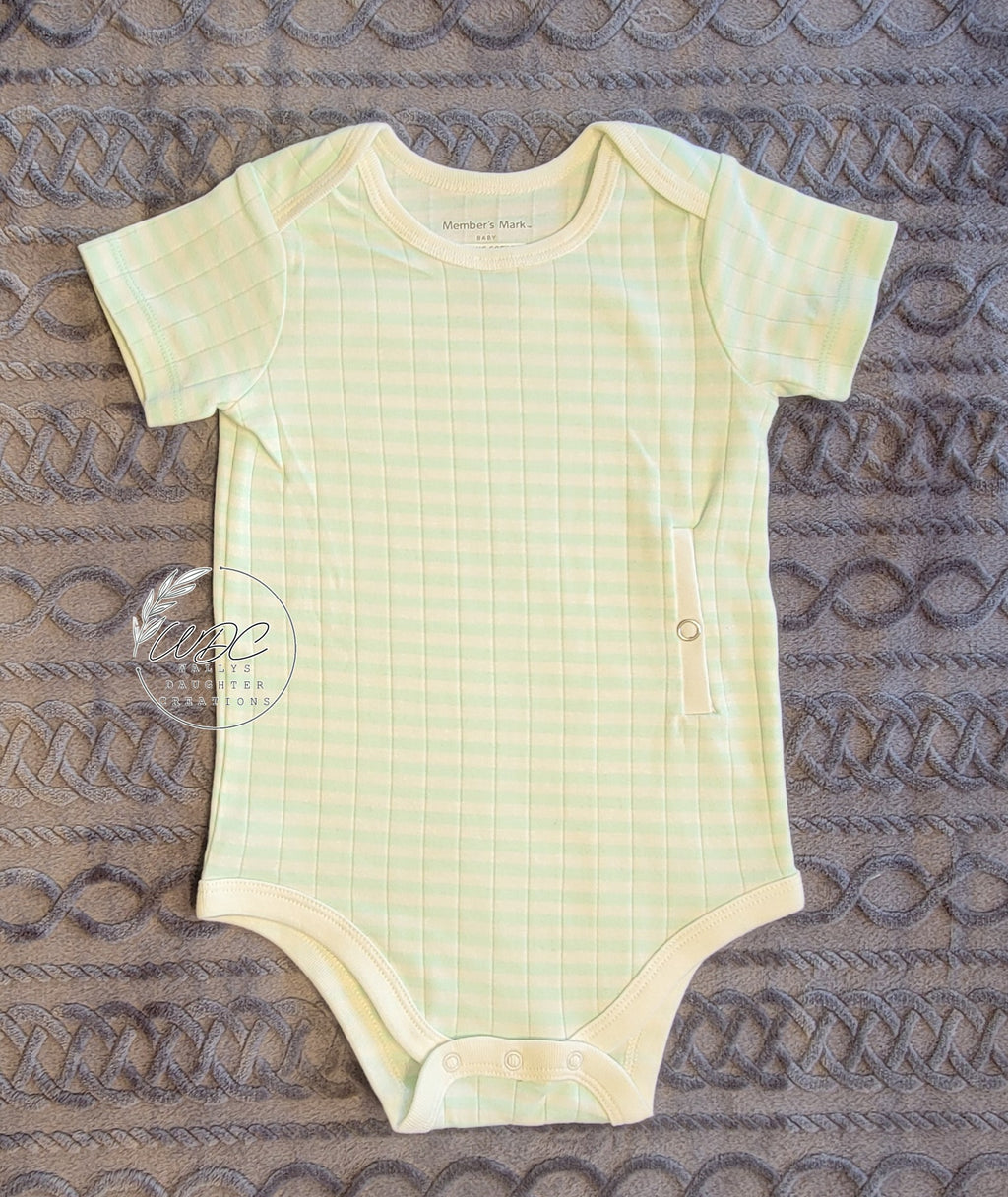 lime and creame striped baby bodysuit with left side gtube adaptation