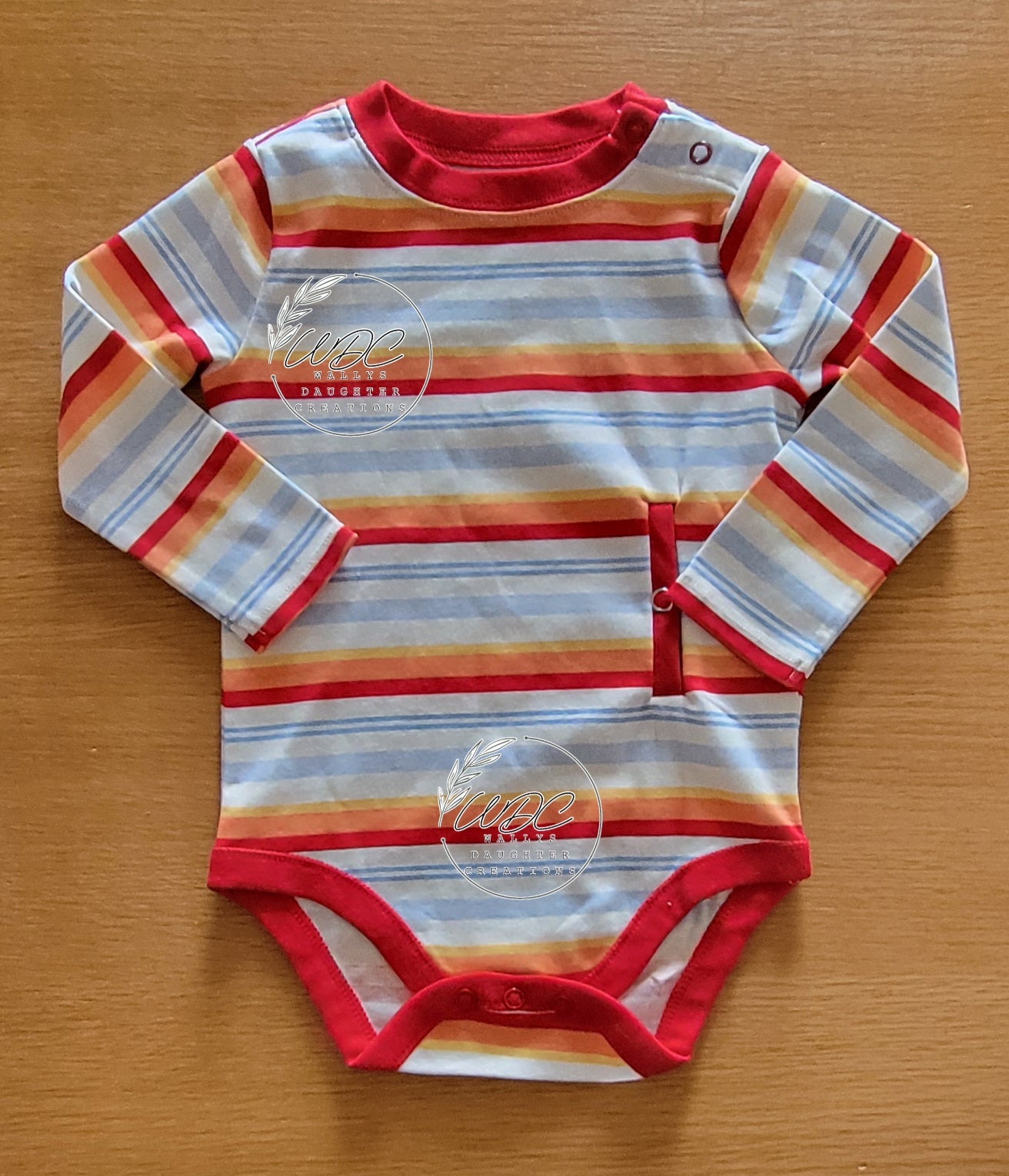 red multicolor stripe long sleeve bodysuit adapted for gtube access