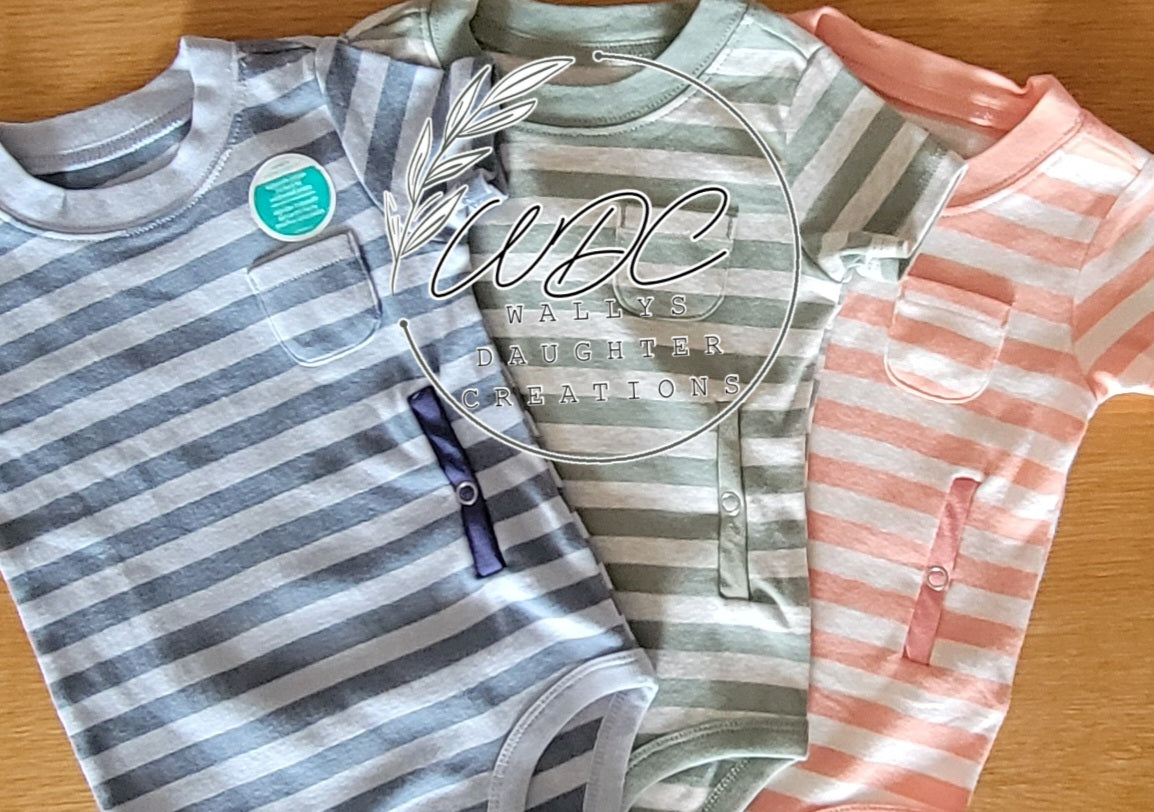 set of 3 bodysuits adapted for Gtube access
