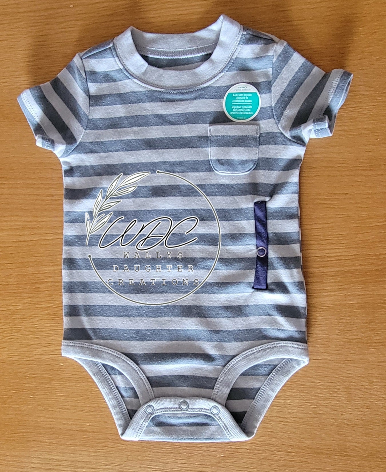Denim blue and light blue stripe bodysuit adapted for gtube access